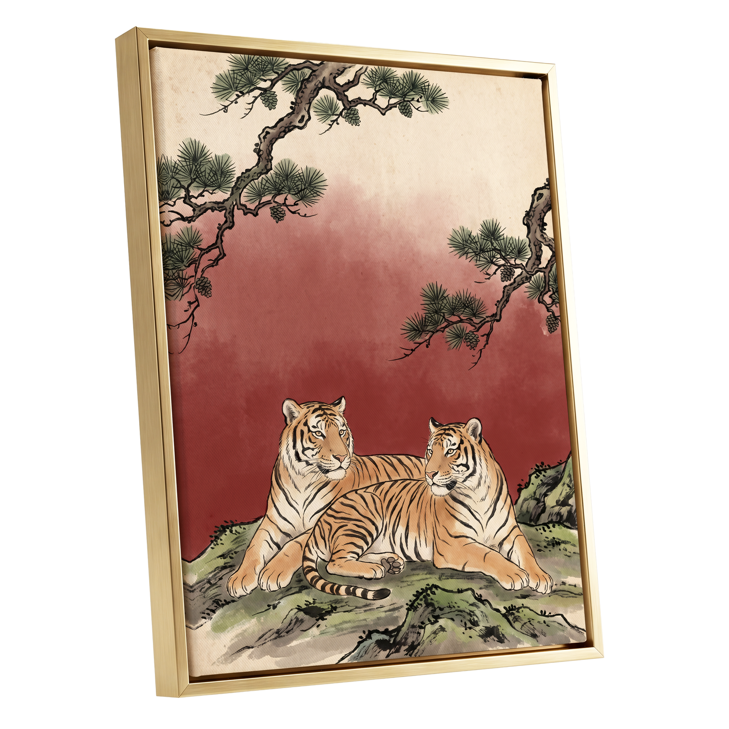 Pinebound Tigers, black, green, beige nature wall art shown as a gold framed canvas wall art