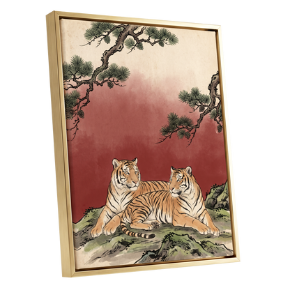 Pinebound Tigers, black, green, beige nature wall art shown as a gold framed canvas wall art