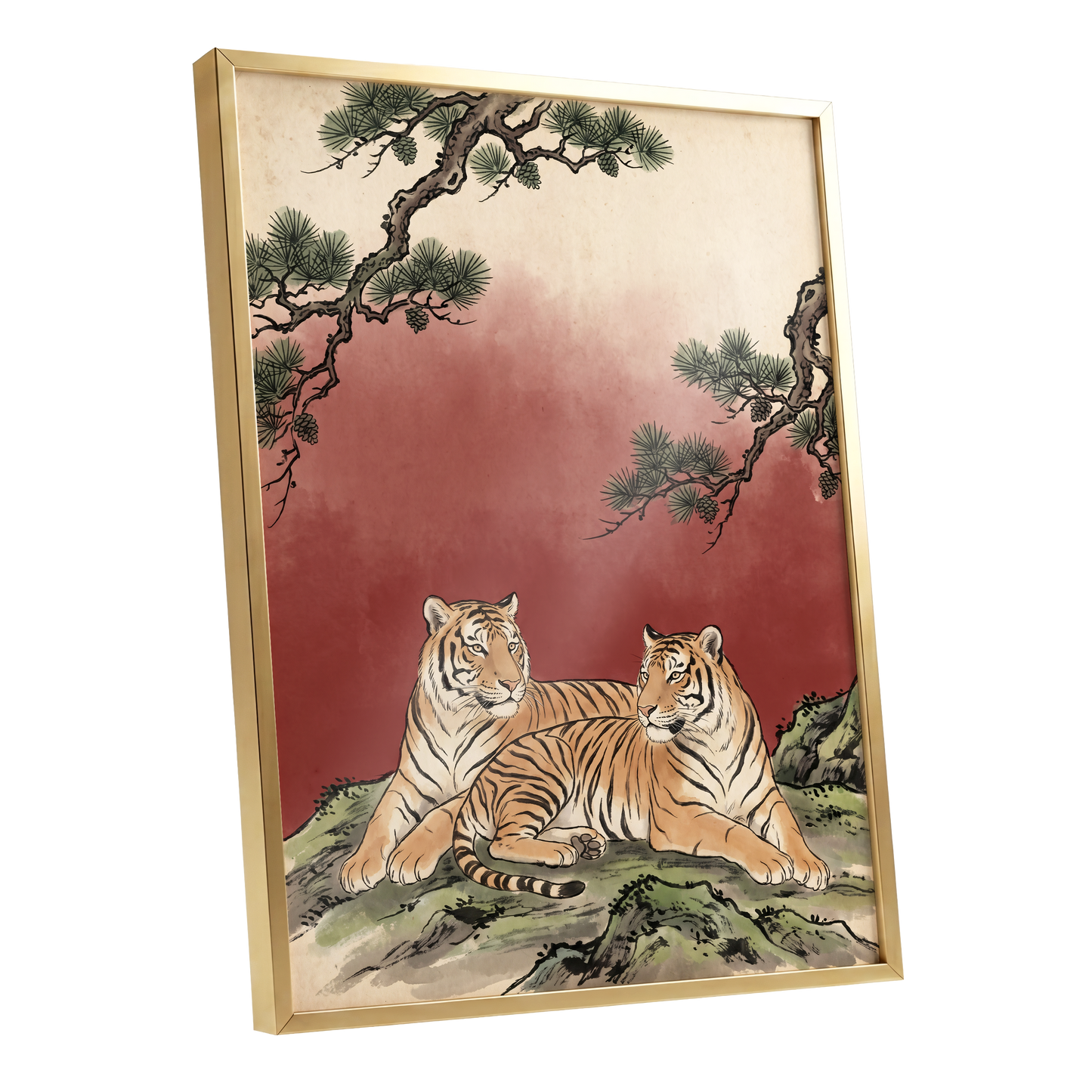 Pinebound Tigers, black, green, beige nature wall art shown as a gold framed poster wall art print