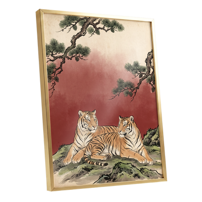 Pinebound Tigers, black, green, beige nature wall art shown as a gold framed poster wall art print