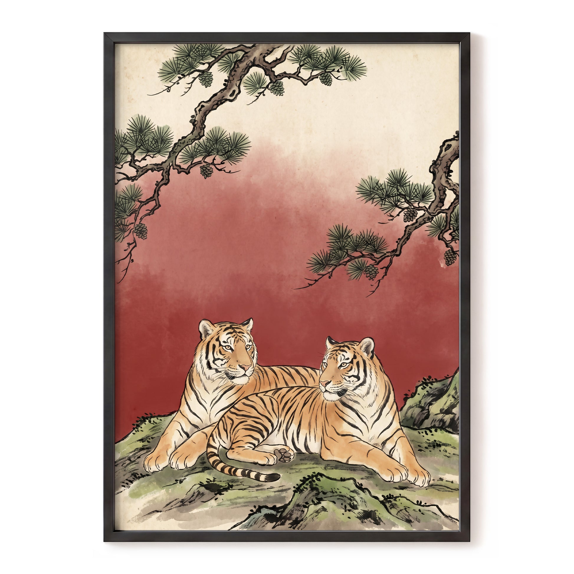 Pinebound Tigers, black, green, beige nature wall art, front artwork view