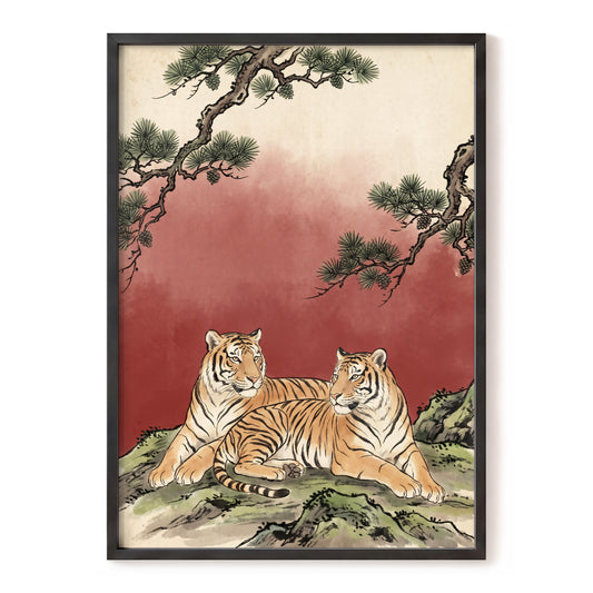 Pinebound Tigers, black, green, beige nature wall art, front artwork view
