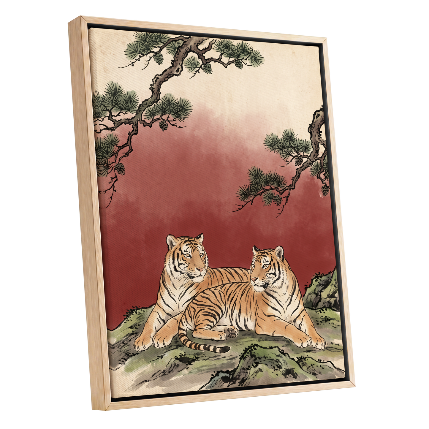 Pinebound Tigers, black, green, beige nature wall art shown as a oak framed canvas wall art