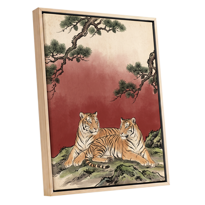Pinebound Tigers, black, green, beige nature wall art shown as a oak framed canvas wall art