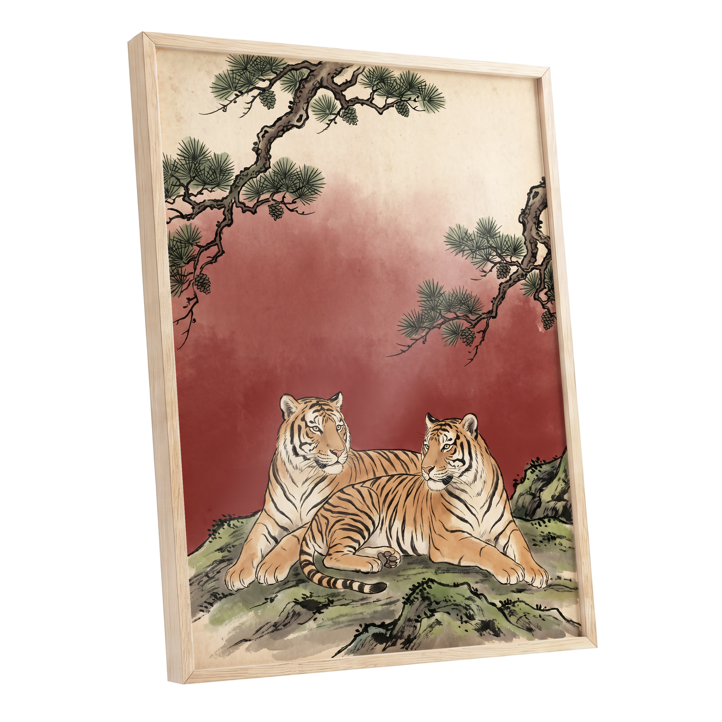 Pinebound Tigers, black, green, beige nature wall art shown as a oak framed poster wall art print