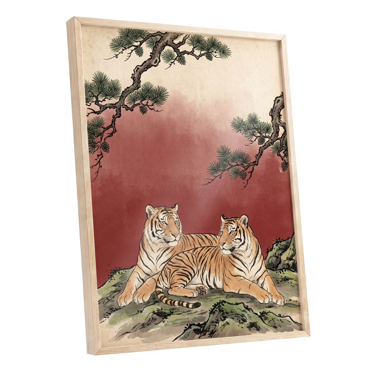 Pinebound Tigers, black, green, beige nature wall art shown as a oak framed poster wall art print