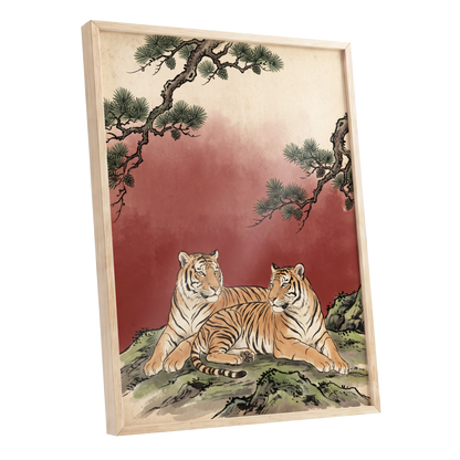 Pinebound Tigers, black, green, beige nature wall art shown as a oak framed poster wall art print