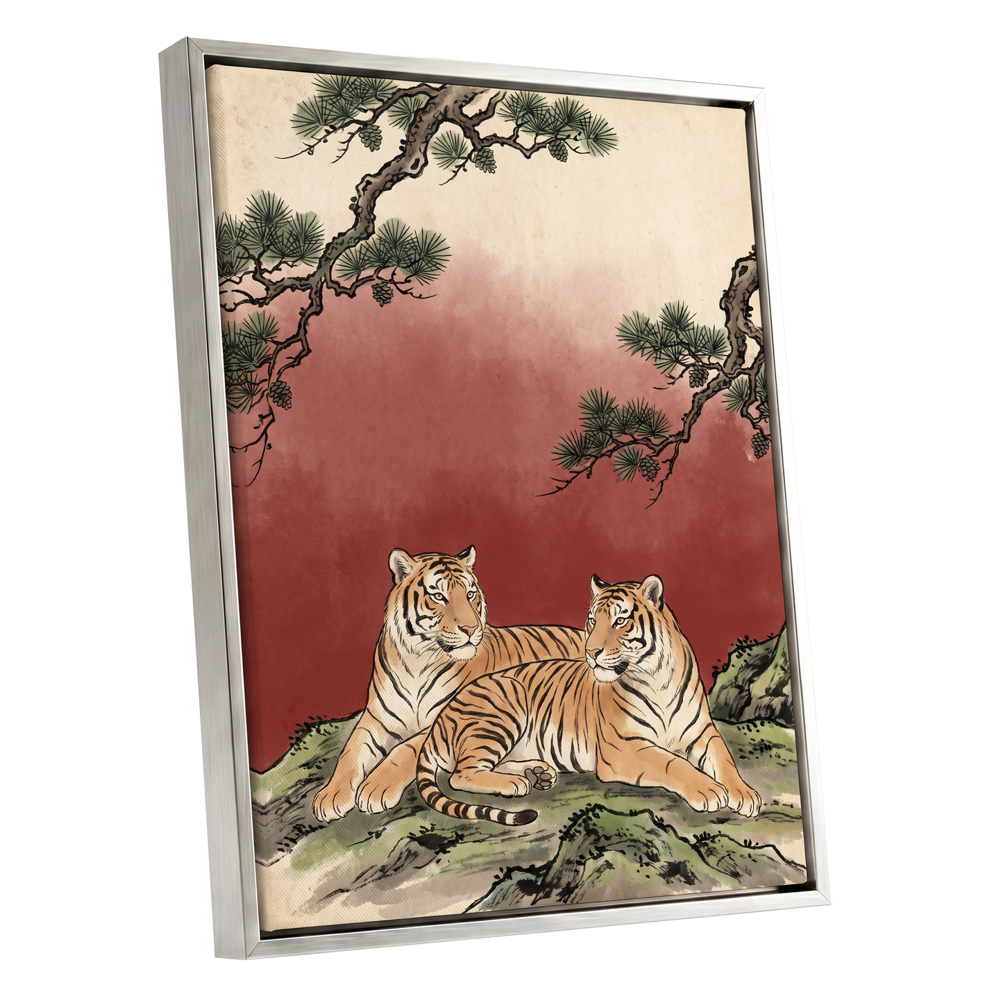 Pinebound Tigers, black, green, beige nature wall art shown as a silver framed canvas wall art