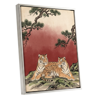 Pinebound Tigers, black, green, beige nature wall art shown as a silver framed canvas wall art