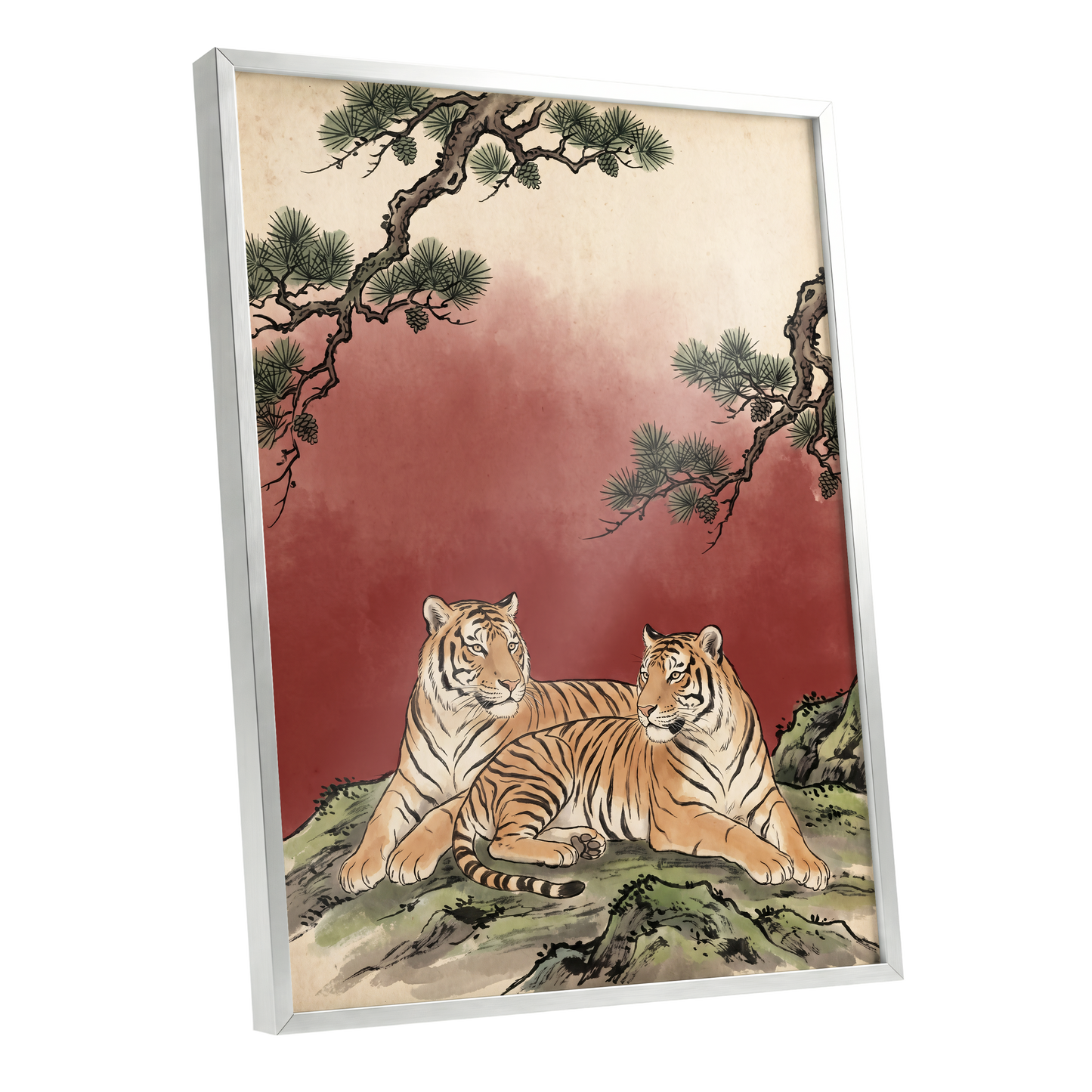 Pinebound Tigers, black, green, beige nature wall art shown as a silver framed poster wall art print