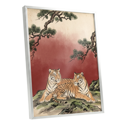 Pinebound Tigers, black, green, beige nature wall art shown as a silver framed poster wall art print