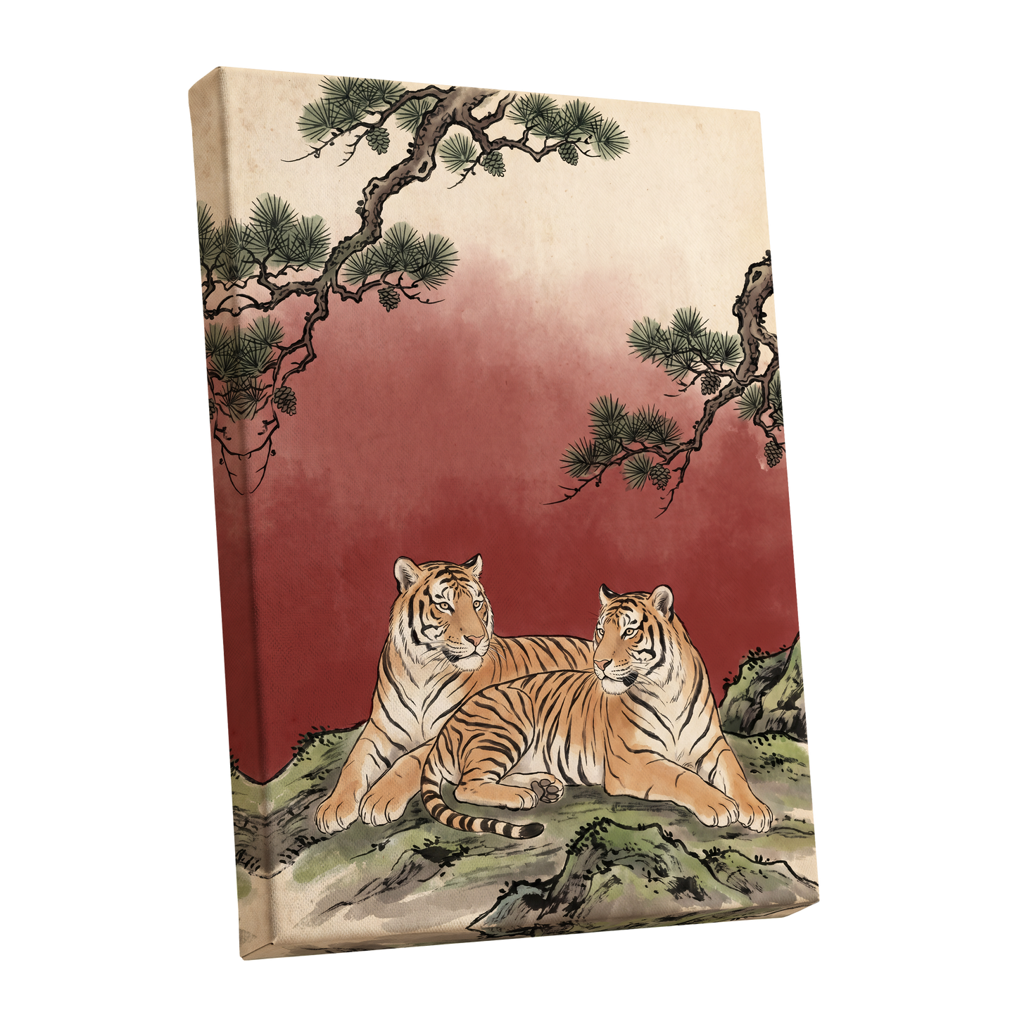 Pinebound Tigers, black, green, beige nature wall art shown as a stretched canvas wall art
