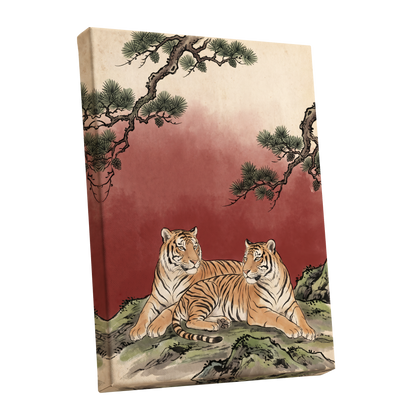 Pinebound Tigers, black, green, beige nature wall art shown as a stretched canvas wall art