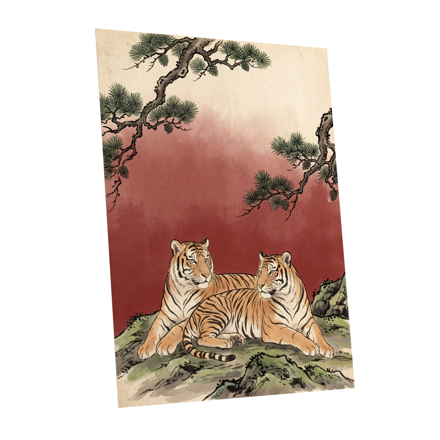 Pinebound Tigers, black, green, beige nature wall art shown as a unframed poster wall art print