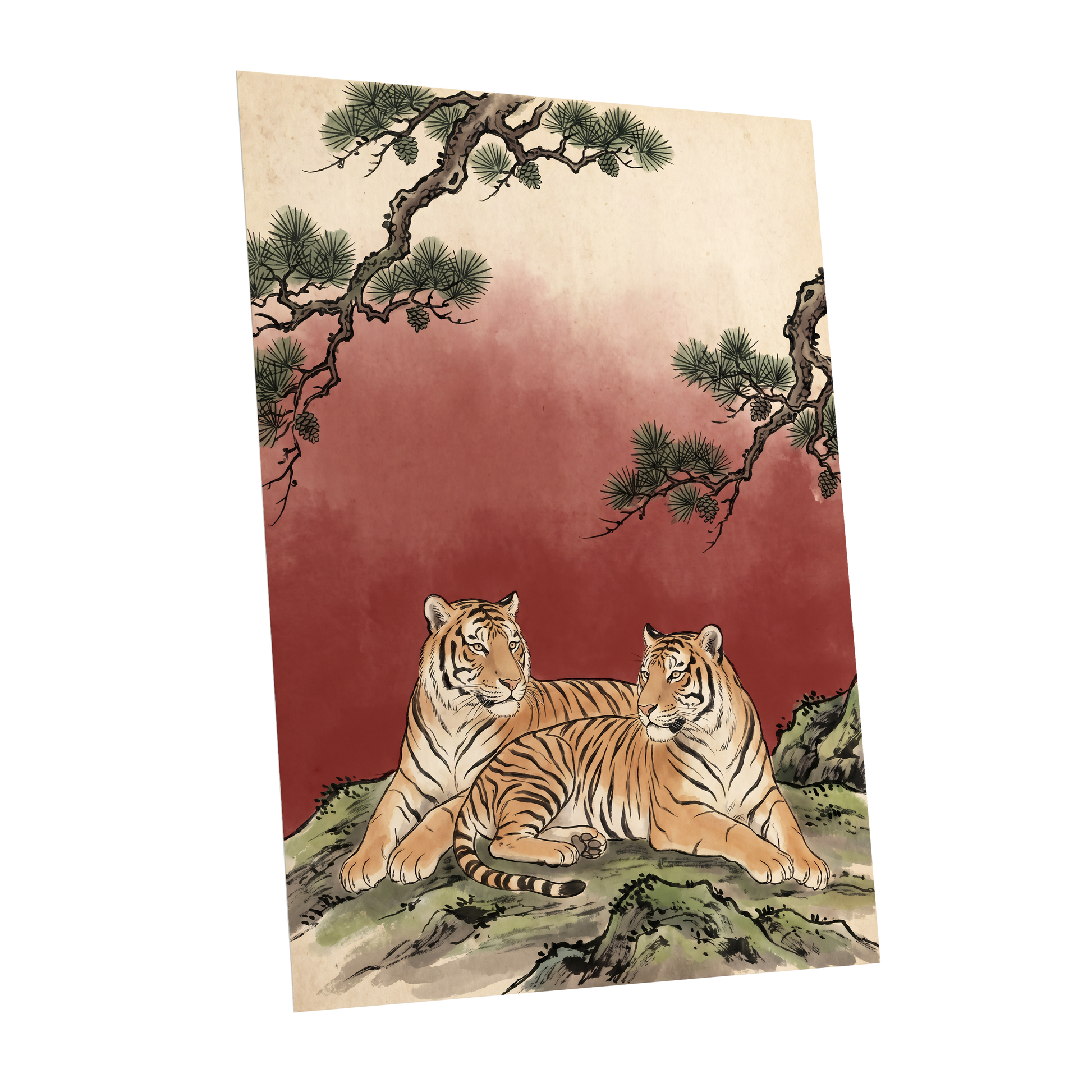 Pinebound Tigers, black, green, beige nature wall art shown as a unframed poster wall art print
