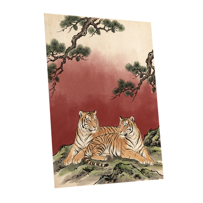 Pinebound Tigers, black, green, beige nature wall art shown as a unframed poster wall art print