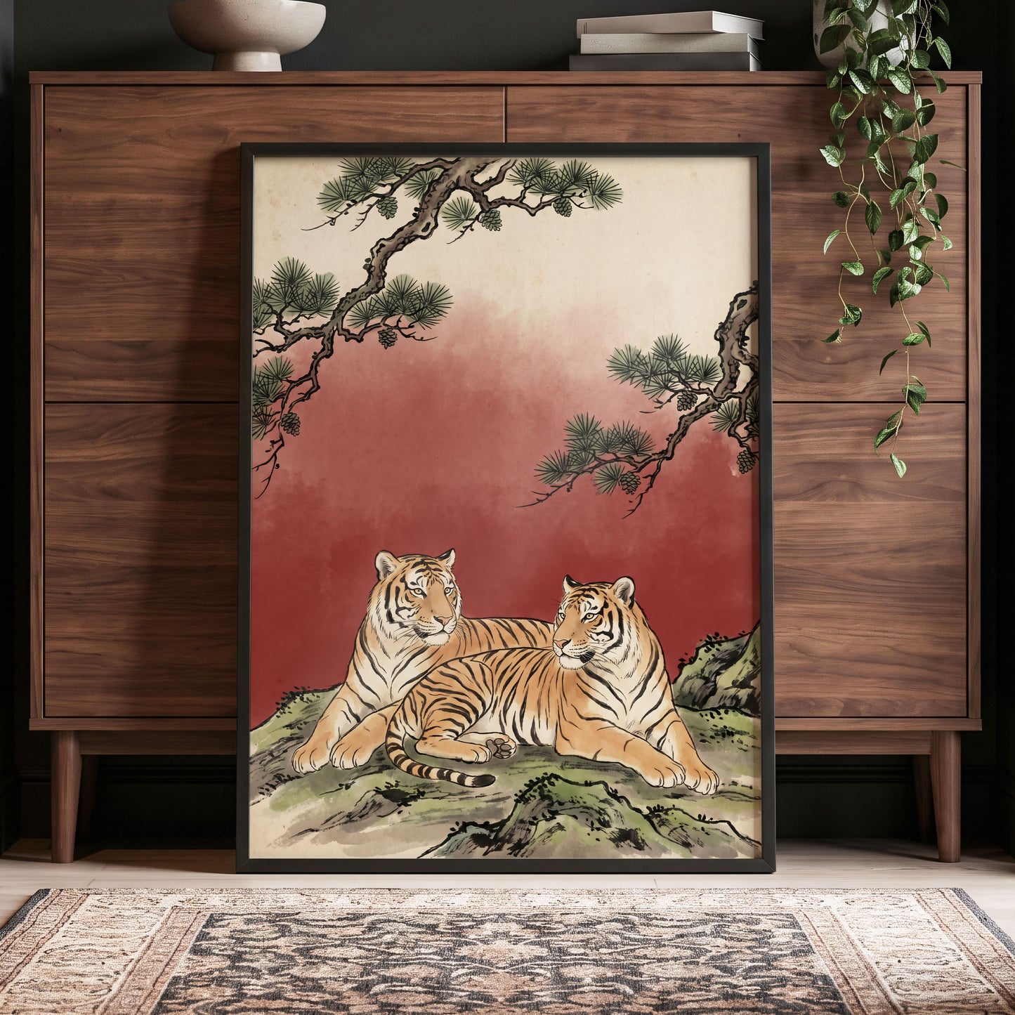 Pinebound Tigers, black, green, beige nature wall art displayed in a styled interior, gallery view 2