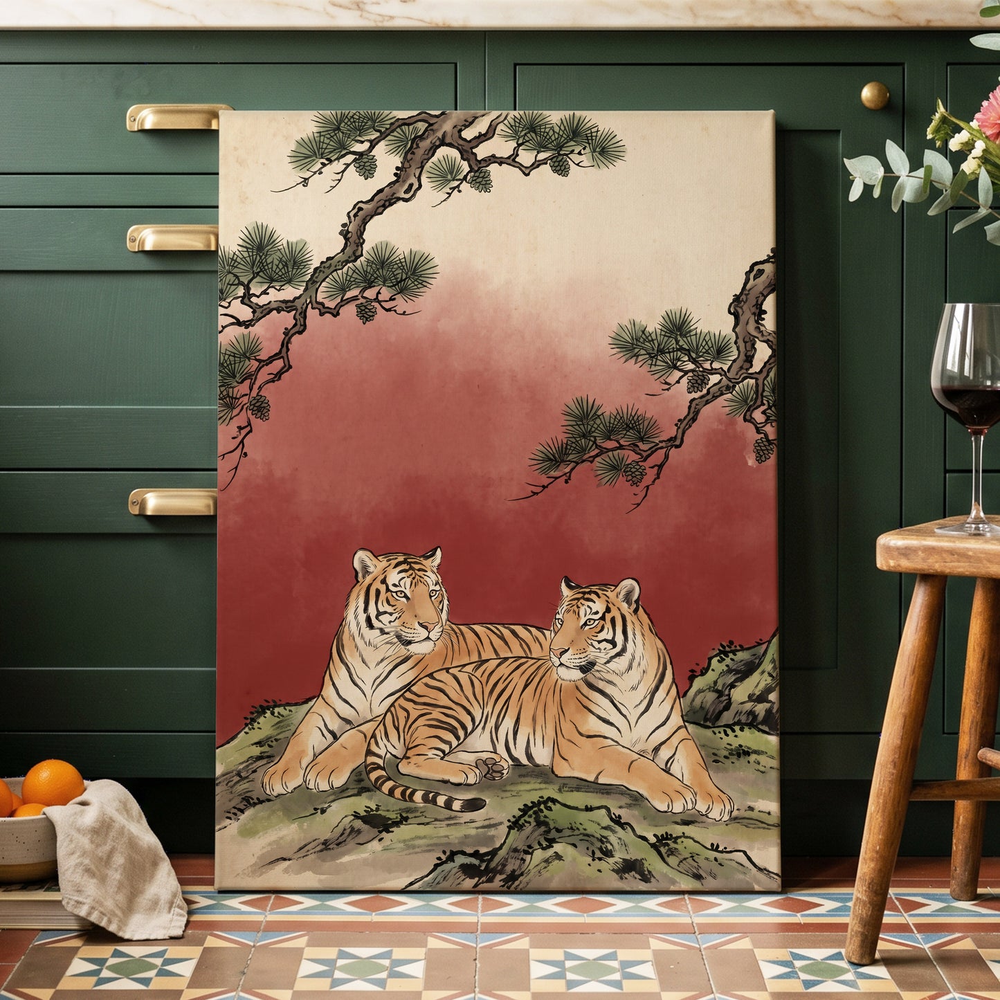 Pinebound Tigers, black, green, beige nature wall art displayed in a styled interior, gallery view 3