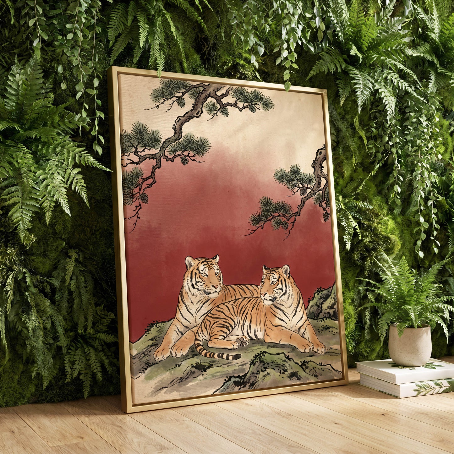 Pinebound Tigers, black, green, beige nature wall art displayed in a styled interior, gallery view 4