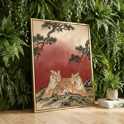 Pinebound Tigers, black, green, beige nature wall art displayed in a styled interior, gallery view 4