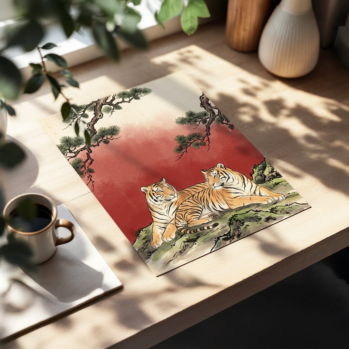 Pinebound Tigers, black, green, beige nature wall art displayed in a styled interior, gallery view 5