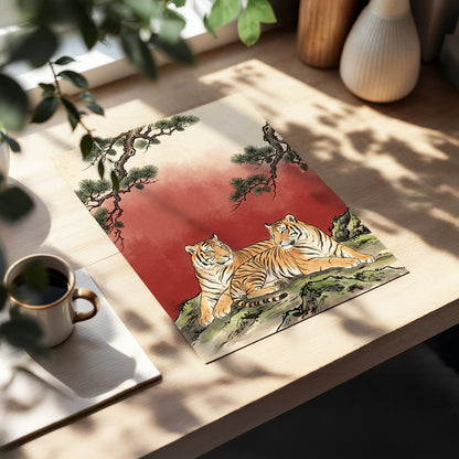 Pinebound Tigers, black, green, beige nature wall art displayed in a styled interior, gallery view 5