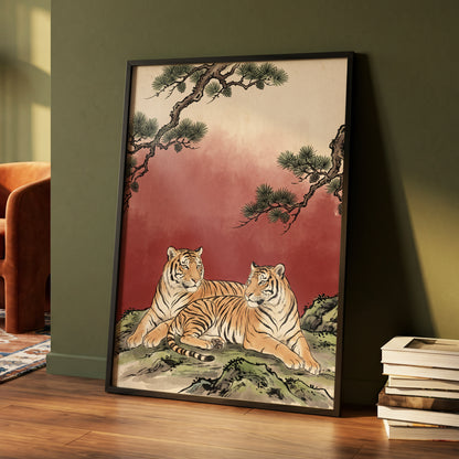 Pinebound Tigers, black, green, beige nature wall art displayed in a styled interior, gallery view 6