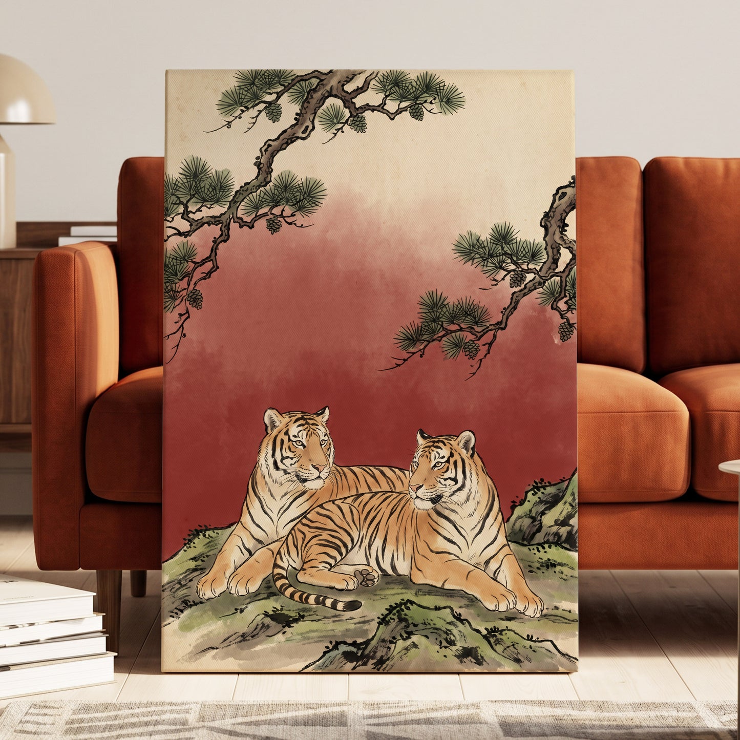 Pinebound Tigers, black, green, beige nature wall art displayed in a styled interior, gallery view 7