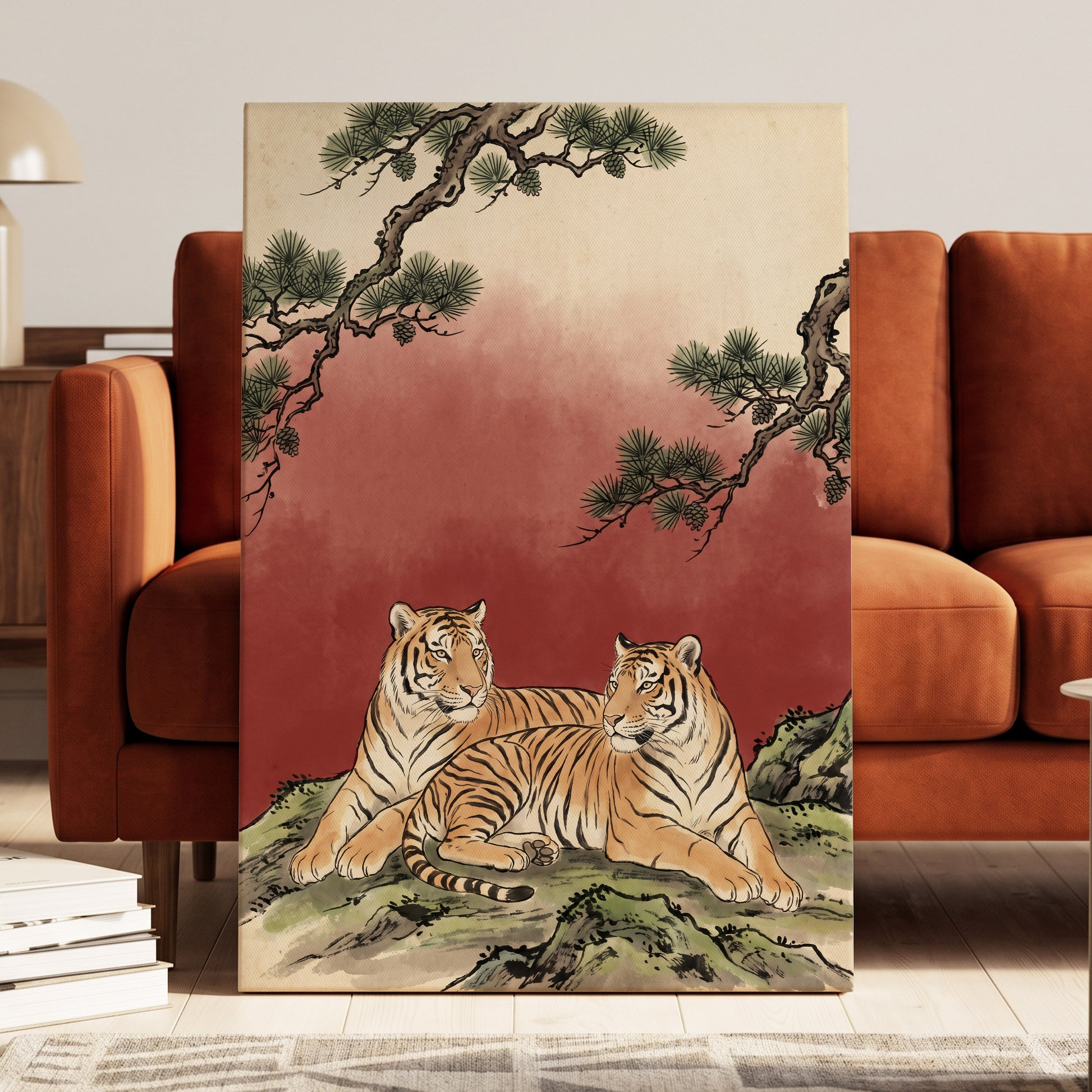 Pinebound Tigers, black, green, beige nature wall art displayed in a styled interior, gallery view 7