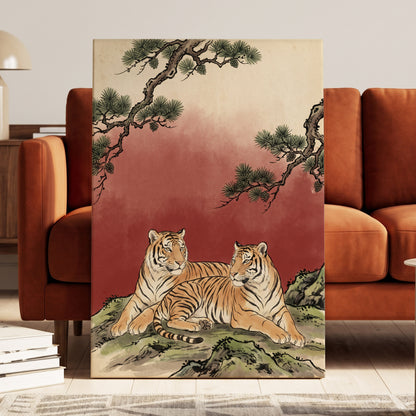Pinebound Tigers, black, green, beige nature wall art displayed in a styled interior, gallery view 7