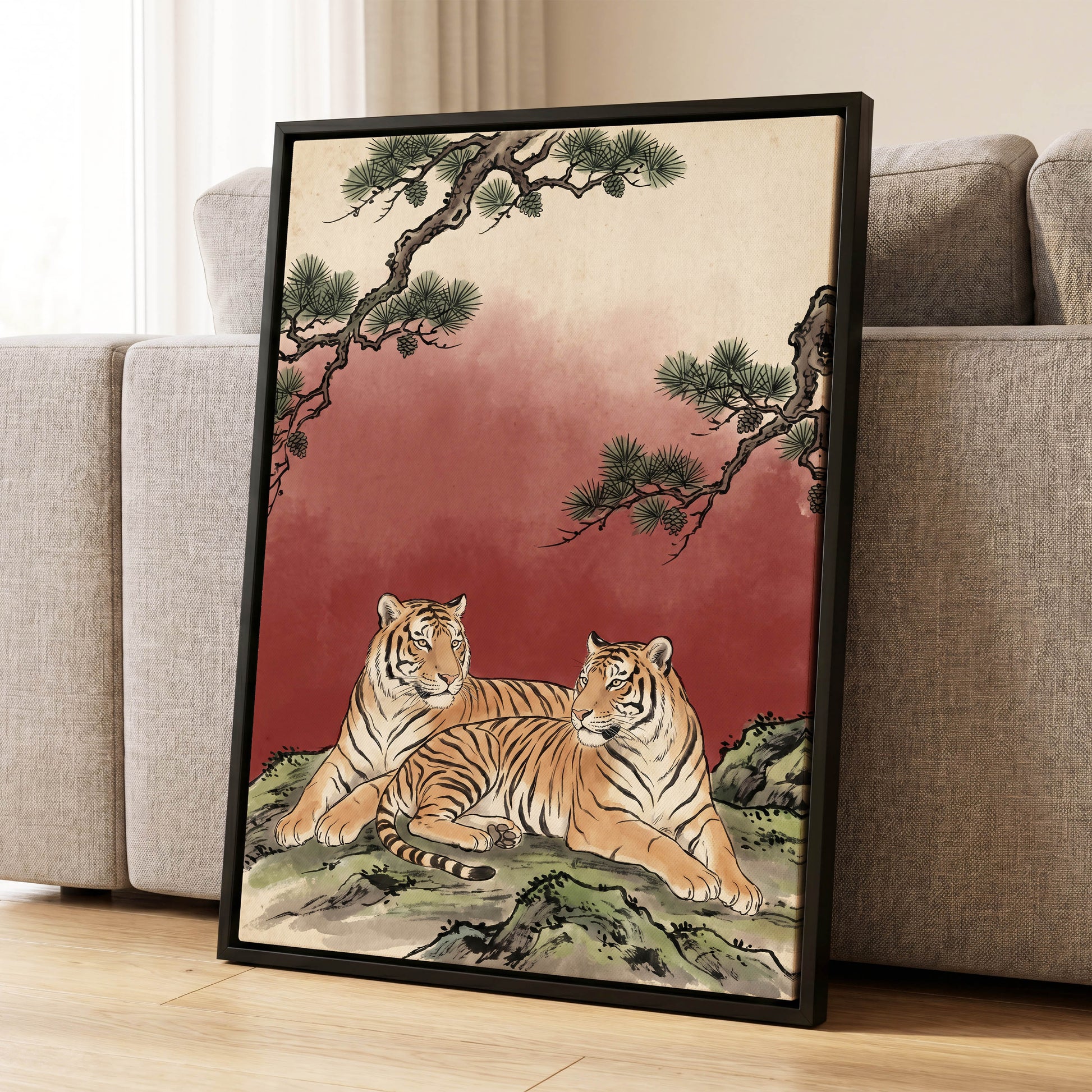 Pinebound Tigers, black, green, beige nature wall art displayed in a styled interior, gallery view 8
