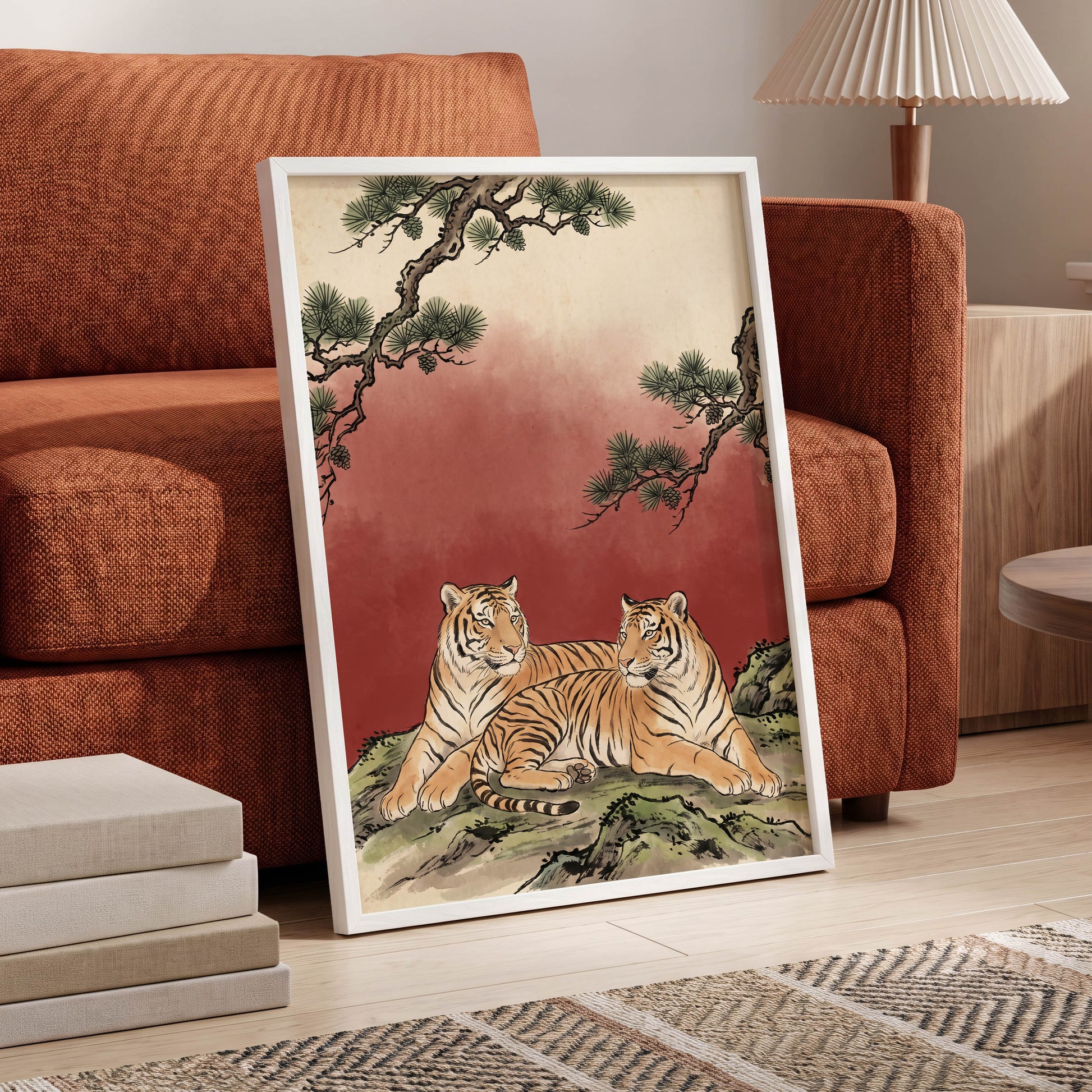Pinebound Tigers, black, green, beige nature wall art displayed in a styled interior, gallery view 9