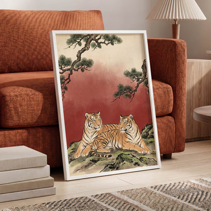 Pinebound Tigers, black, green, beige nature wall art displayed in a styled interior, gallery view 9