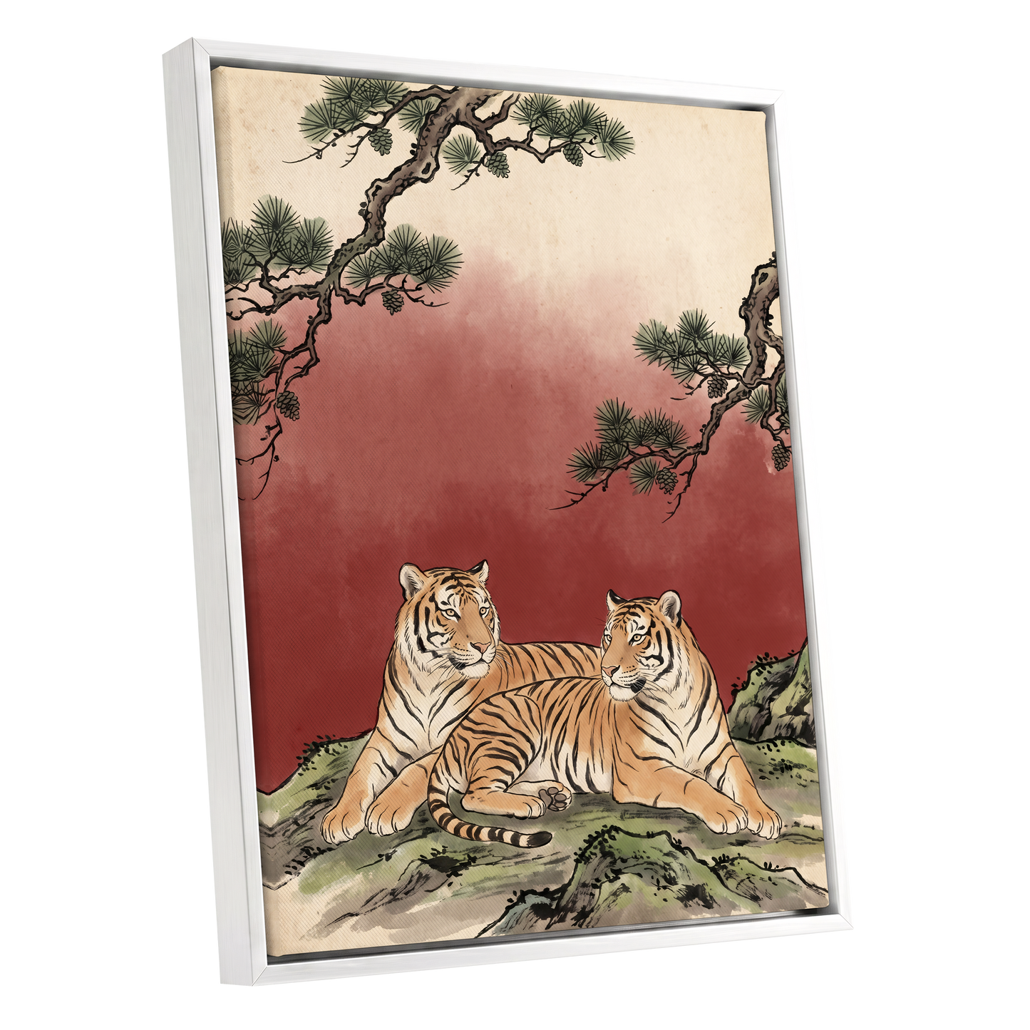 Pinebound Tigers, black, green, beige nature wall art shown as a white framed canvas wall art