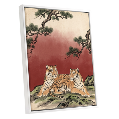 Pinebound Tigers, black, green, beige nature wall art shown as a white framed canvas wall art