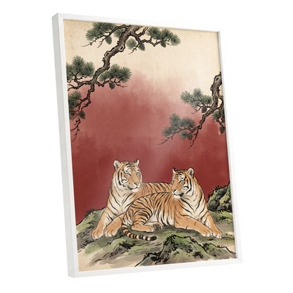 Pinebound Tigers, black, green, beige nature wall art shown as a white framed poster wall art print