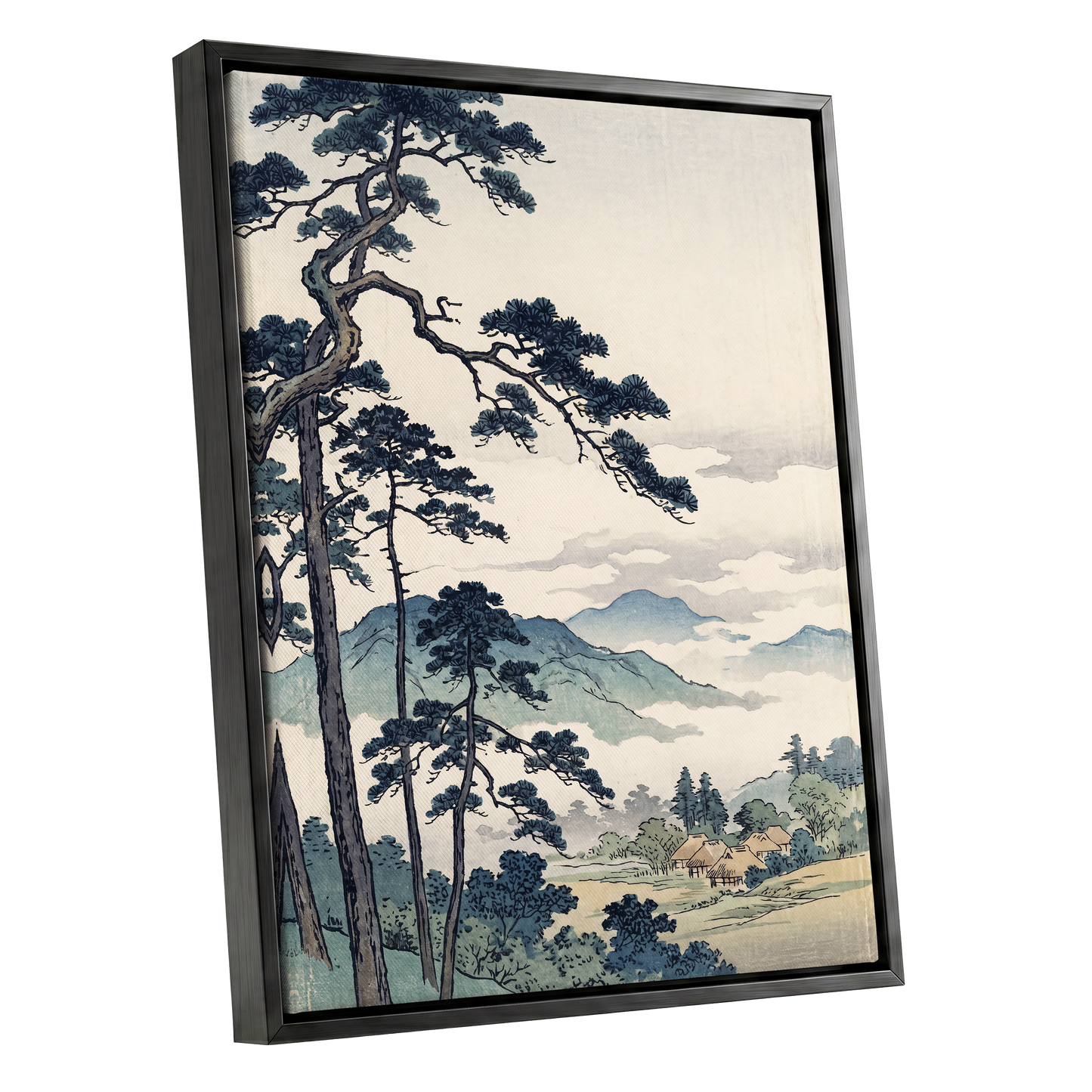 Pines Above the Mist, black, blue, beige nature wall art shown as a black framed canvas wall art
