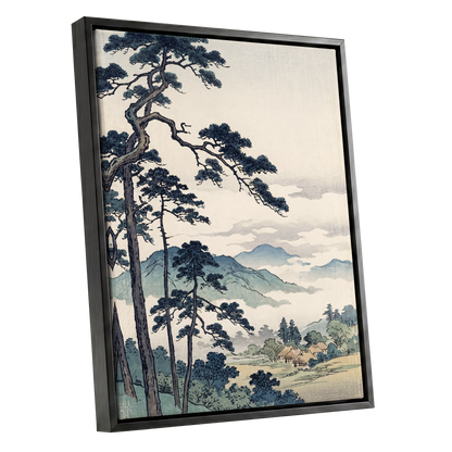 Pines Above the Mist, black, blue, beige nature wall art shown as a black framed canvas wall art