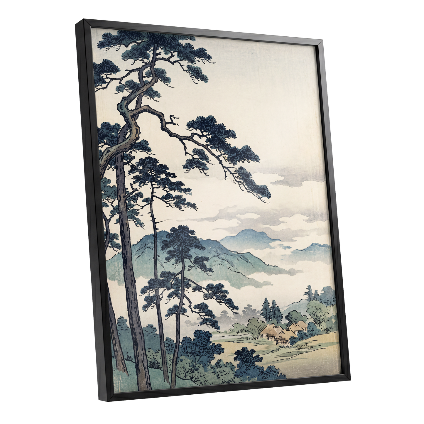 Pines Above the Mist, black, blue, beige nature wall art shown as a black framed poster wall art print