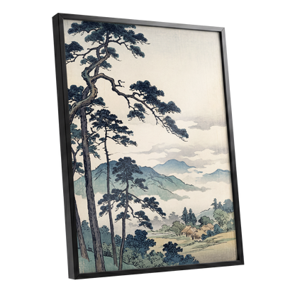 Pines Above the Mist, black, blue, beige nature wall art shown as a black framed poster wall art print