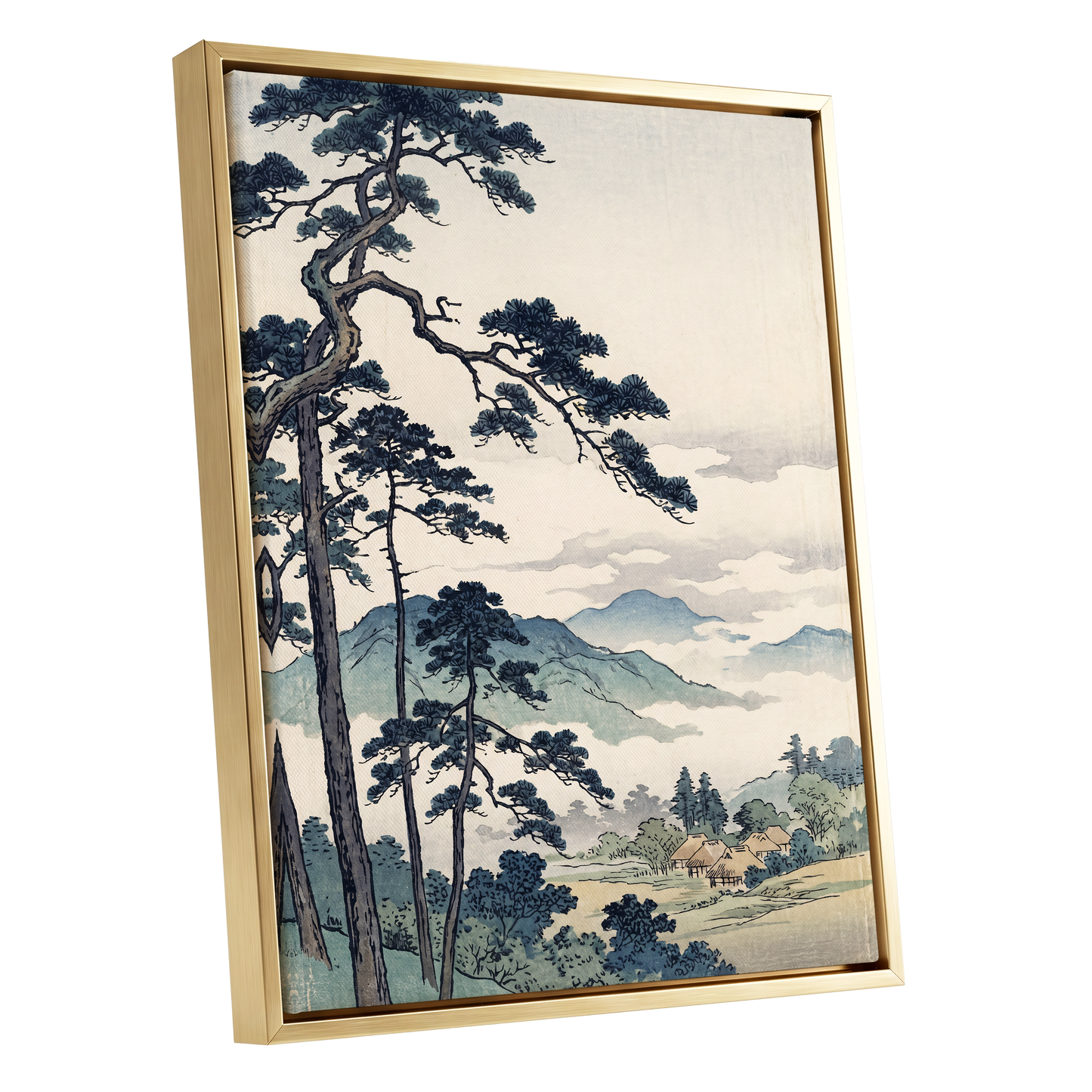 Pines Above the Mist, black, blue, beige nature wall art shown as a gold framed canvas wall art