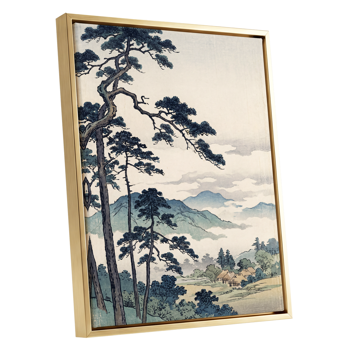 Pines Above the Mist, black, blue, beige nature wall art shown as a gold framed canvas wall art