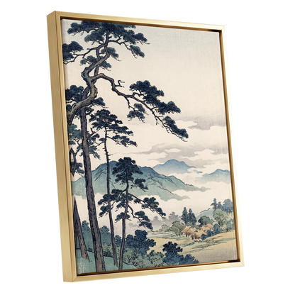 Pines Above the Mist, black, blue, beige nature wall art shown as a gold framed canvas wall art