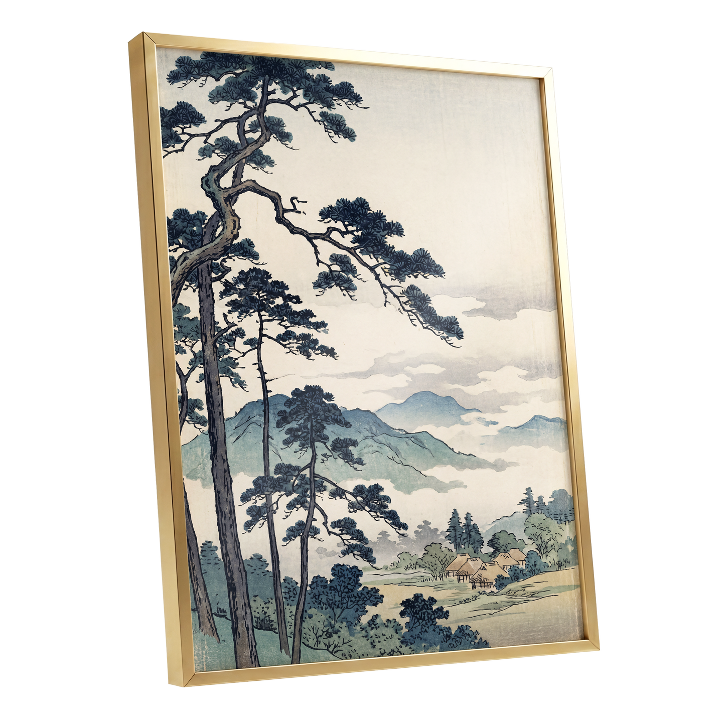 Pines Above the Mist, black, blue, beige nature wall art shown as a gold framed poster wall art print