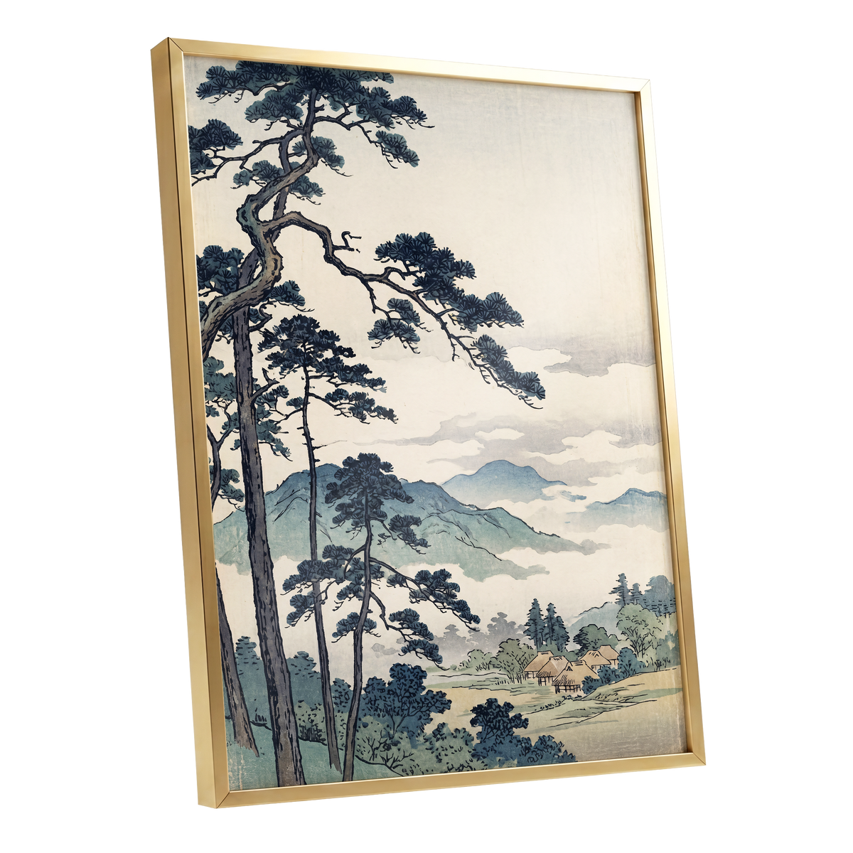 Pines Above the Mist, black, blue, beige nature wall art shown as a gold framed poster wall art print