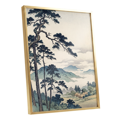 Pines Above the Mist, black, blue, beige nature wall art shown as a gold framed poster wall art print