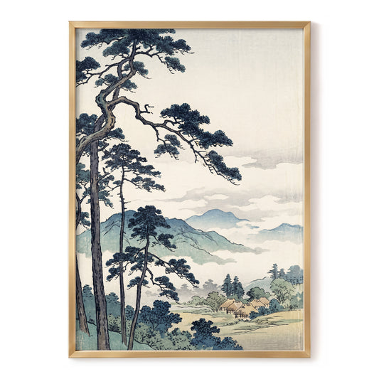 Pines Above the Mist, black, blue, beige nature wall art, front artwork view