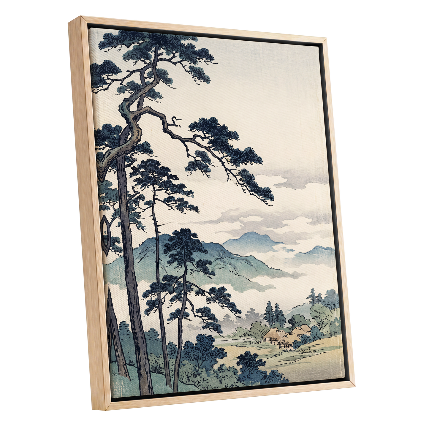 Pines Above the Mist, black, blue, beige nature wall art shown as a oak framed canvas wall art