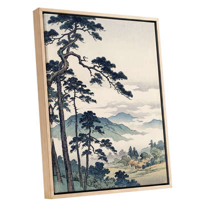 Pines Above the Mist, black, blue, beige nature wall art shown as a oak framed canvas wall art