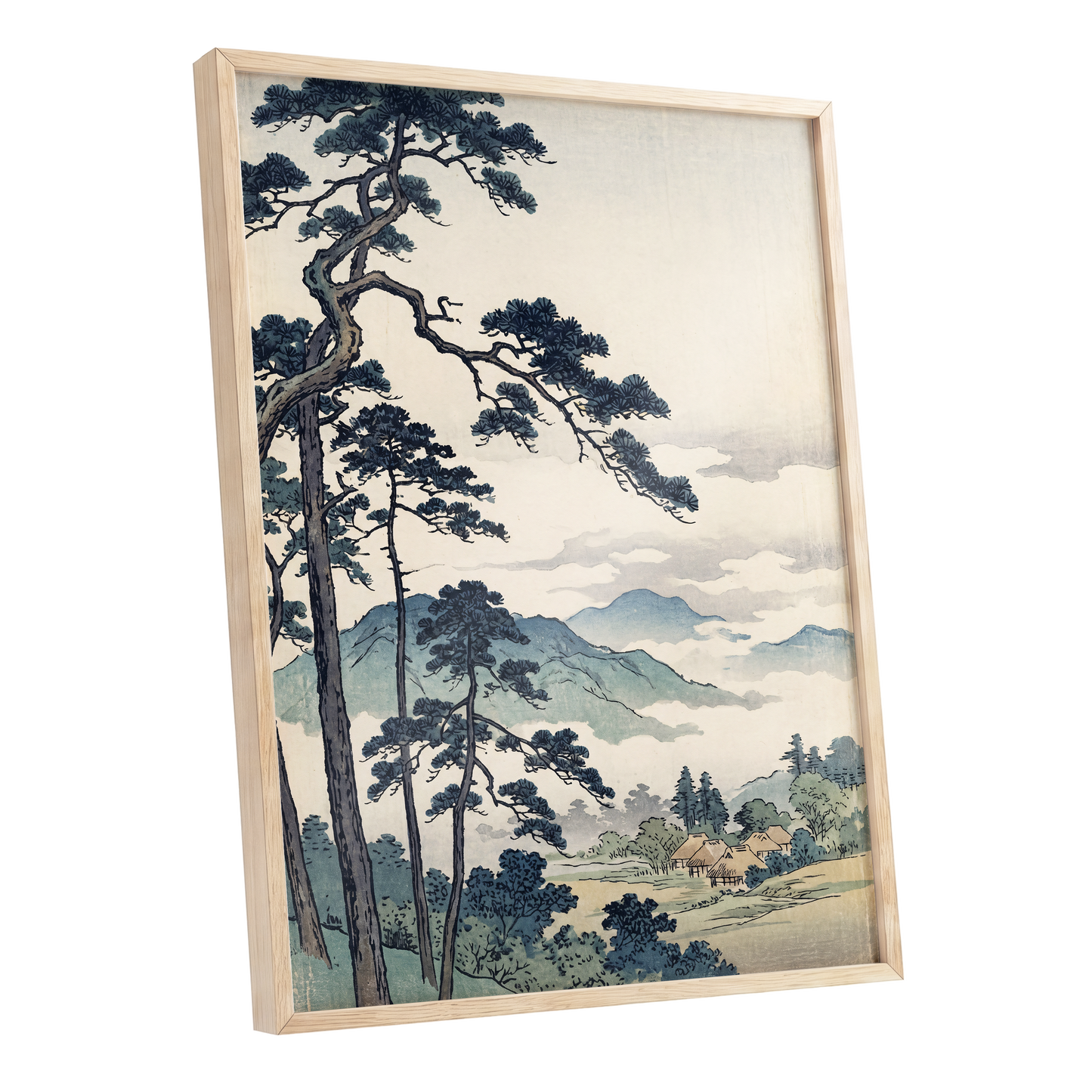 Pines Above the Mist, black, blue, beige nature wall art shown as a oak framed poster wall art print